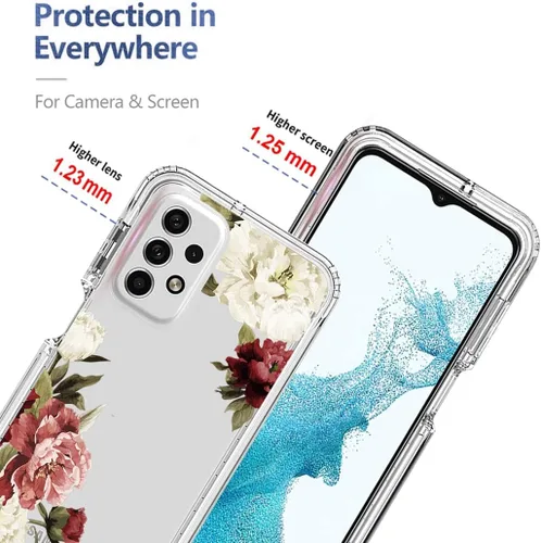 Miniatura 2 de Funda para Galaxy A23, SM-A235M con protector de pantalla de vidrio templado, bonito patrón floral transparente de cuerpo completo, funda protectora