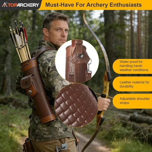 Miniatura 7 de TOPARCHERY - Aljaba Tradicional para Hombro y Espalda de Cuero con Bolso Grande, Correas Hechas a Mano, Marrón