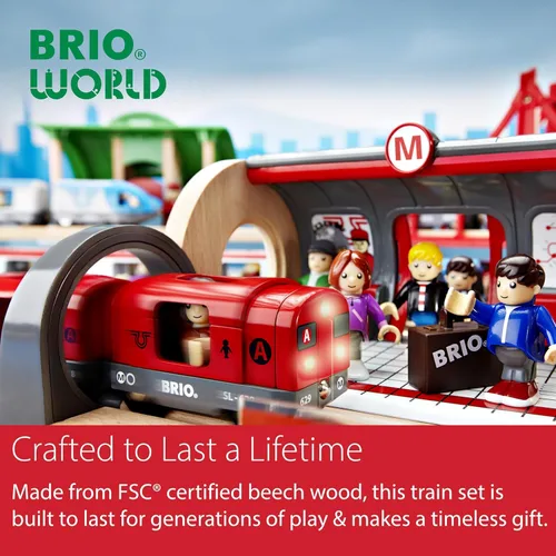 Miniatura 8 de Set de ferrocarril urbano BRIO - Set de 20 piezas con certificación FSC de madera y accesorios - Locomotora con luz y sonido, quiosco, pistas
