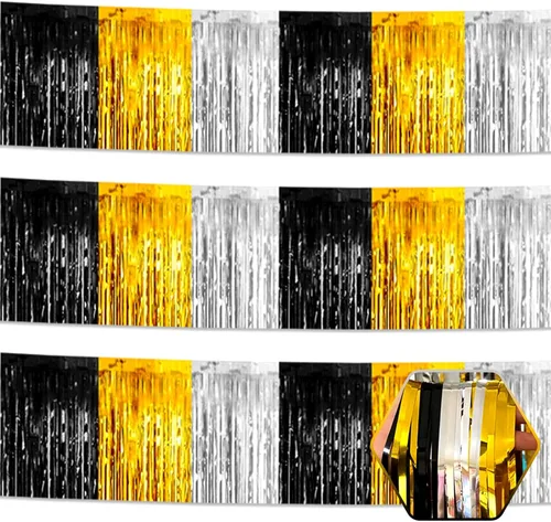 Miniatura 16 de Paquete de 3 guirnaldas largas de flecos metálicos de aluminio negro dorado para colgar en la pared, Día de la Madre, Pascua, flotadores de desfile