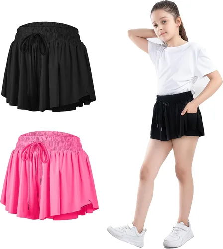 Paquete de 3 pantalones cortos fluidos para niñas con bolsillos, 2 en 1, faldas de mariposa fluidas para jóvenes, pantalones cortos para correr,