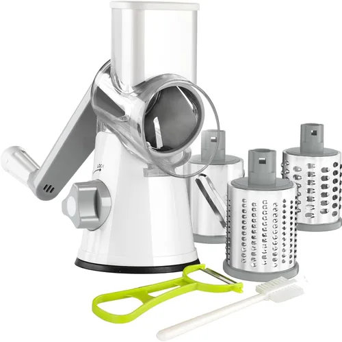 Ourokhome rallador giratorio de queso, triturador con 3 cuchillas de tambor, rebanador rápido y manual para frutos secos, con base con gran succión,