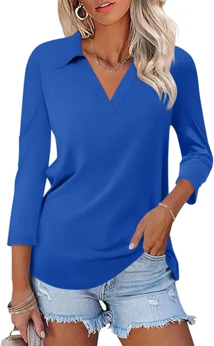 Miniatura 21 de TICTICMISS - Camisas polo de cuello en V para mujer, manga 3/4, con cuello, tops casuales de negocios, tops de verano a la moda, holgados