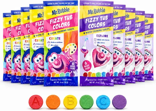 Mr. Bubble Fizzy Tub Colors - Tabletas para colorear en agua de baño, 6 colores brillantes, rojo, naranja, amarillo, morado, azul y verde, sin