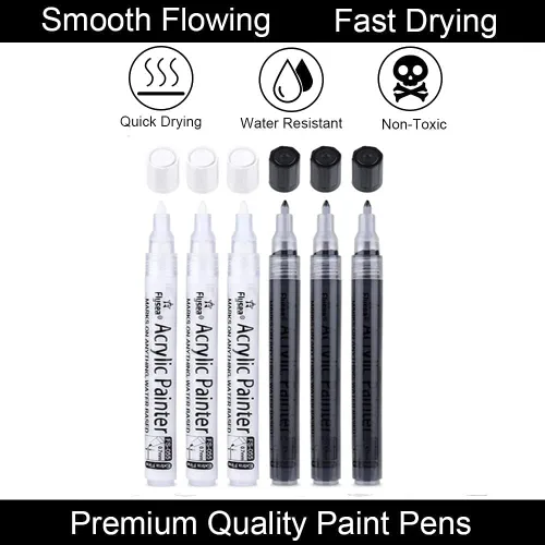 Miniatura 2 de EBOT Bolígrafos de pintura negra, paquete de 6 marcadores permanentes negros acrílicos de 0.028 in, bolígrafos de pintura blanca para pintura