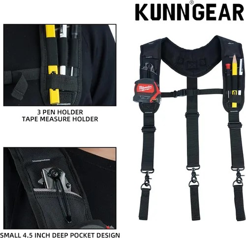 Miniatura 3 de KUNN Tirantes para cinturón de herramientas, 3 puntos acolchados de alta resistencia, bolsa de trabajo de construcción para hombres con trabillas