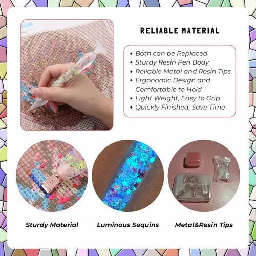 Miniatura 4 de FOVIUPET Juego de 21 bolígrafos de taladro de arte de pintura de diamantes, herramientas de bolígrafo de taladro puntual 5D de resina luminosa