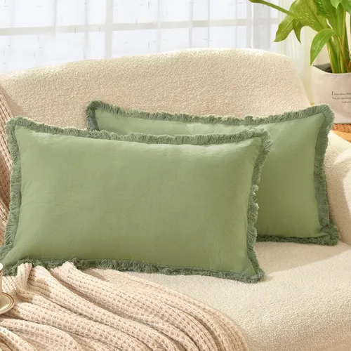 Miniatura 21 de ZWJD Juego de 2 fundas de almohada de 16 x 16 pulgadas, color beige, con flecos, de algodón, decorativas, cuadradas, para sofá, cama, sala de estar