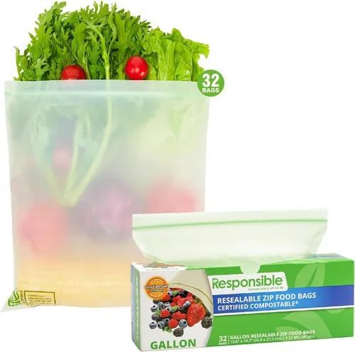 Miniatura 12 de Responsible Products Bolsa con cremallera resellable de gran galón compostable certificada, bolsas de alimentos extra resistentes, hechas
