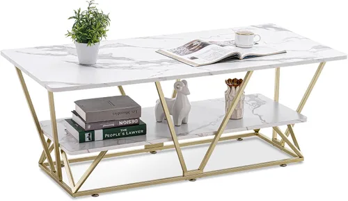 Miniatura 10 de ivinta Mesa auxiliar con almacenamiento, mesa central rectangular moderna con mármol sintético y marco dorado para espacios pequeños, mesa de sala