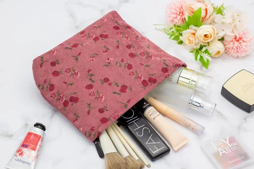 Miniatura 6 de Pazimiik Bolsa de maquillaje grande con cremallera, de pana, para bolso de viaje, organizador de cosméticos para mujeres, almacenamiento de Vintage