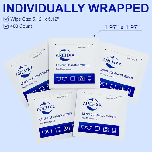 Miniatura 9 de ARCHXX 400 toallitas para lentes para lentes, + 1 bolsa con clip, limpiador de lentes de microfibra, envueltas individualmente prehumedecidas