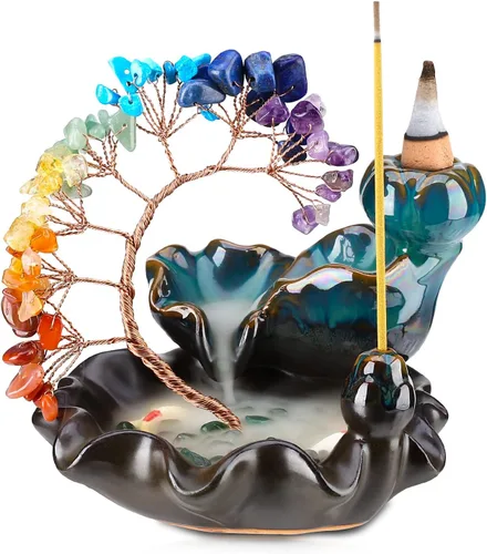 Quemador de Incienso de Reflujo de Cerámica Cascada de Incienso 7 Chakras Árbol de Cristal Soporte de Incienso Namaste Yoga Meditación y Decoración