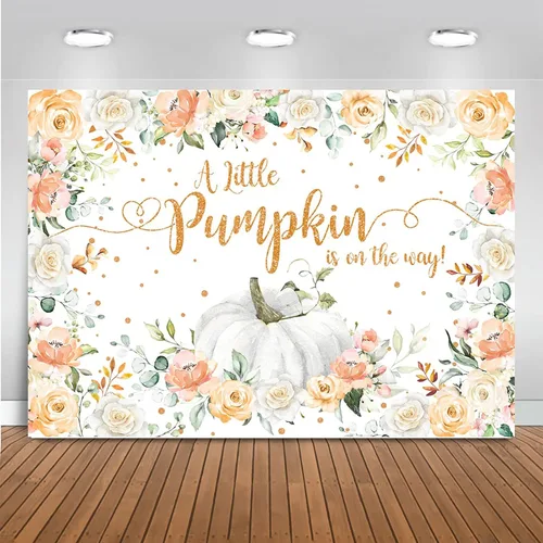 Mocsicka Telón de fondo de calabaza otoñal para baby shower, decoración de fiesta de otoño con texto en inglés "A Little Pumpkin is on The Way",