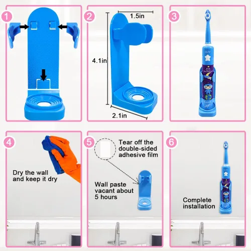 Miniatura 6 de OJV 8620 Cepillos de dientes eléctricos musicales para niños, 3 modos de temporizador de 2 minutos, 6 cerdas recargables de energía inteligente, Azul