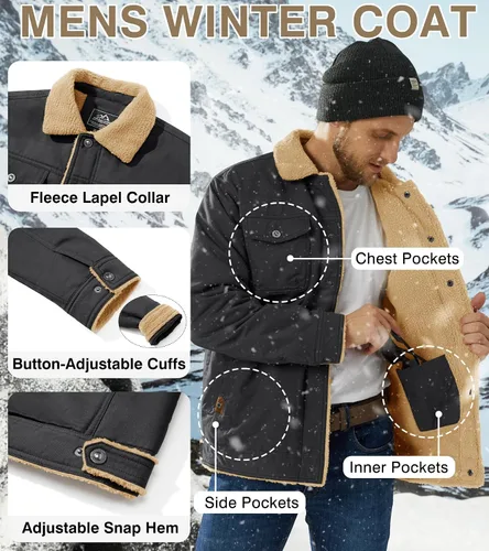 Miniatura 6 de EKLENTSON Chaqueta de invierno para hombre, gruesa y térmica, de algodón, con forro polar, abrigo de camionero con solapa, para trabajo, para hombre