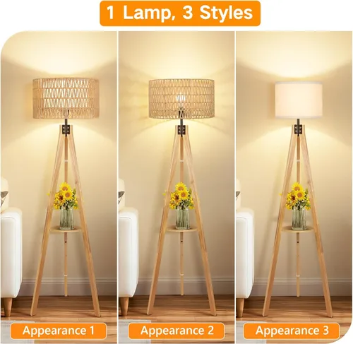 Miniatura 30 de OUTON - Lámpara de pie de trípode de madera con estantes, lámpara de pie de mediados de siglo con control remoto, 4 temperaturas de color, lámpara