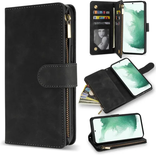 Miniatura 14 de ZZXX Funda para Samsung Galaxy S22 Plus con ranura para tarjeta, piel sintética suave de alta calidad, con cremallera, con correa para la muñeca