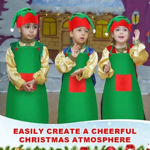 Miniatura 6 de Handepo - Conjunto de delantal y gorro de elfo navideño para niños, sombreros de Papá Noel para niños, suministros de fiesta navideña para niños