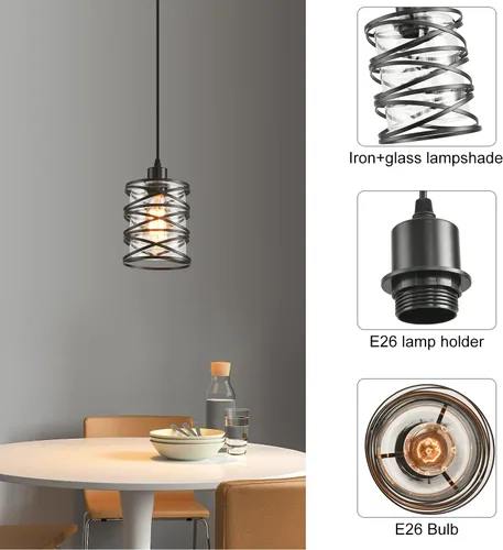 Miniatura 6 de Paquete de 3 Luces Colgantes para Isla de Cocina, Iluminación Colgante para Isla de Cocina, Luz Colgante de Vidrio con Jaula en Espiral, Pantalla