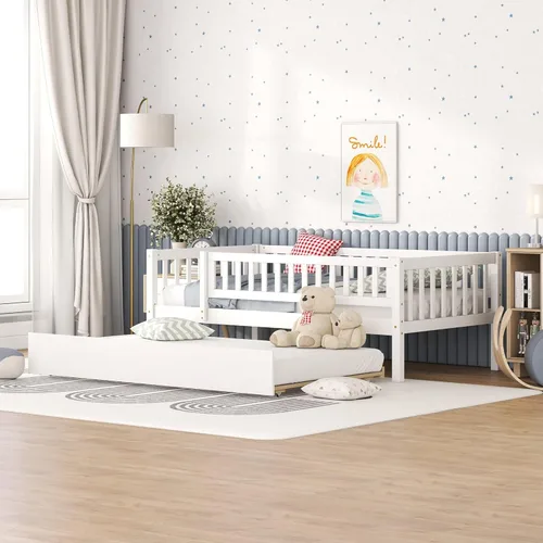 Miniatura 15 de Harper & Bright Designs Sofá cama individual con nido, marco de cama infantil de madera tamaño individual con valla, cama nido individual