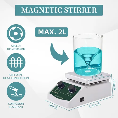Miniatura 2 de Placa de Calentamiento con Agitador Magnético 300℃/ 572℉ 2L Mezclador Calentado 2000RPM para Laboratorio con Barra de Agitación Recicladora Set
