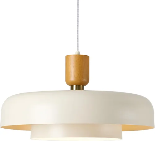 Lámpara Colgante Grande Moderna de 19.68 Pulgadas, 2 Niveles con Pantallas Crema Suaves, Acento de Madera Natural y Latón, Candelabro de Mediados de