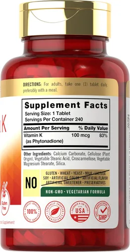 Miniatura 2 de Carlyle Vitamina K 100 mcg 240 tabletas Vegetariano, sin OMG, sin gluten Suplemento de vitamina K