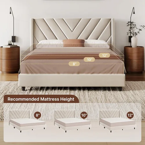 Miniatura 7 de Yaheetech Base de cama tamaño Queen con plataforma tapizada con lados en forma de ala/Soporte de tablas de madera/Cabecera tapizada con lados