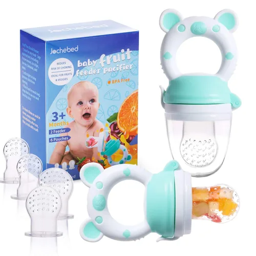 Chupete alimentador de frutas para bebés, alimentador de alimentos frescos, dentición de frutas para bebés de 3 a 24 meses, 6 bolsas de silicona Cian