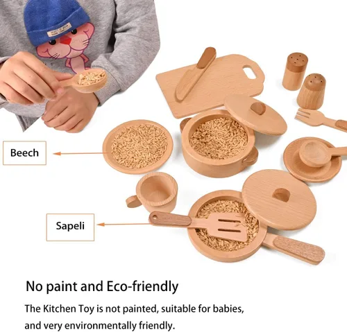 Miniatura 3 de Juego de accesorios de cocina, juguetes de madera Montessori, juego de cocina para niños, platos, platos, ollas, sartenes, juego de cocina, 15