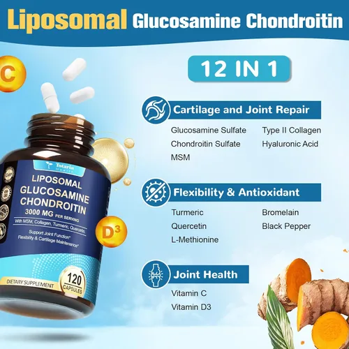 Miniatura 2 de Totaria Glucosamina liposomal condroitina MSM colágeno 3000 mg Suplemento de apoyo articular apoyo a la salud ósea flexibilidad y mantenimiento