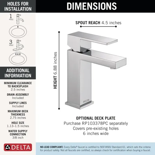Miniatura 4 de DELTA - Grifo de baño moderno de cromo con un agujero, llave de lavabo de baño con un solo agujero para tocador, accesorio de drenaje de metal tipo