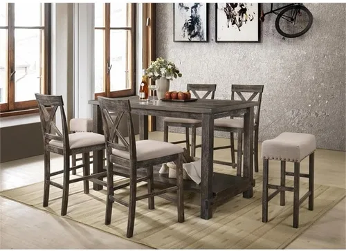 Miniatura 2 de Acme Martha II - Silla de altura de mostrador en lino bronceado y gris desgastado (juego de 2)