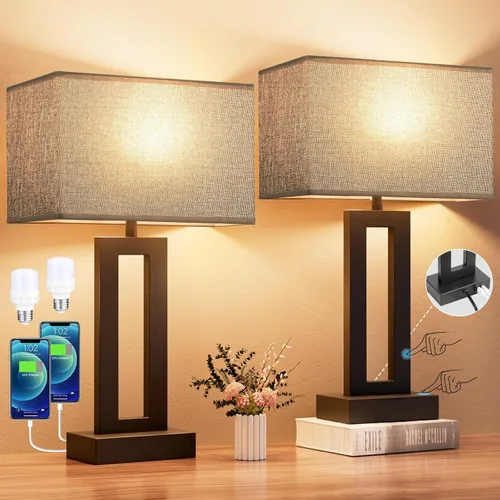Miniatura 11 de Juego de 2 lámparas de mesa de noche para dormitorio, lámpara de noche táctil con USB C+A, lámparas de sala de estar regulables de 3 vías para mesas