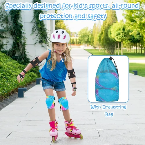 Miniatura 7 de Rodilleras para niños, juego de equipo de protección ajustable con bolsa de malla, rodilleras y coderas, protector de muñeca para niñas, patines