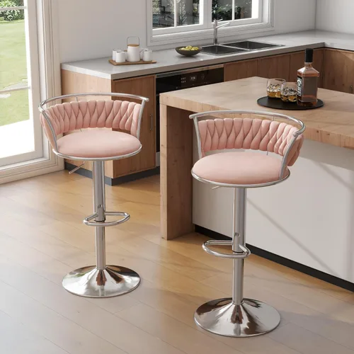 Miniatura 17 de Juego de 2 taburetes de bar giratorios de 360°, silla de bar de terciopelo ajustable a altura de mostrador moderna, taburete de metal plateado