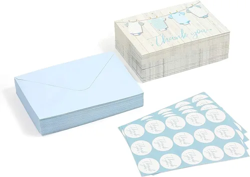 Miniatura 6 de Pipilo Press Tarjetas de agradecimiento para baby shower con sobres y calcomanías para niño, diseño de tendedero azul de 6 x 4 pulgadas, paquete