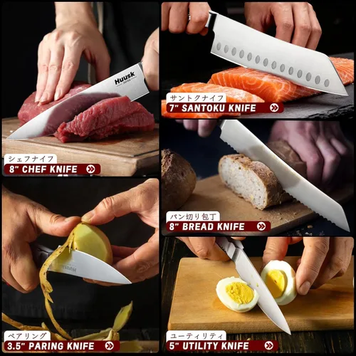 Miniatura 4 de Huusk Juego de cuchillos de cocina con bloque y afilador integrado, juego de 15 piezas de bloques de cuchillos de acero inoxidable japonés