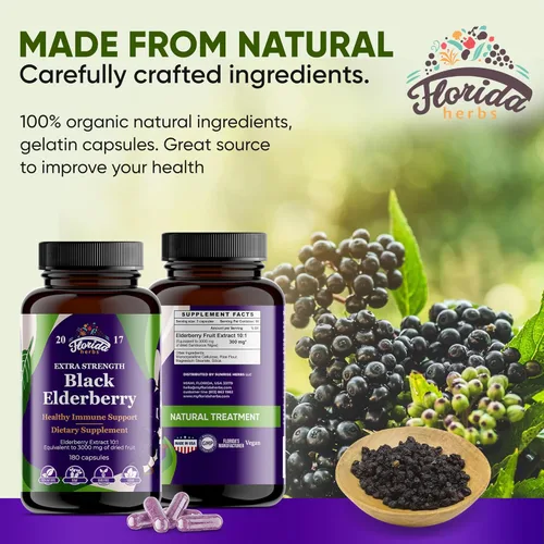 Miniatura 2 de Cápsulas de saúco negro 180 unidades Vitaminas de saúco Sambucus sin OMG, sin gluten, extracto de saúco orgánico Sambucus Nigra 180