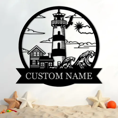 Miniatura 12 de Letreros de faro de metal personalizados Arte de pared de cabina al aire libre personalizado para playa costera Letrero de apellido Regalo