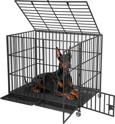 Miniatura 10 de Garvee Jaula para perros de 42 pulgadas, resistente de metal, a prueba de escapes, con 3 puertas, bandeja extraíble, jaula grande con ruedas
