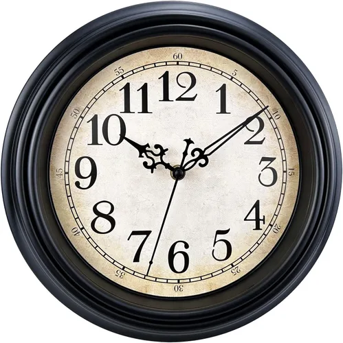 Plumeet Reloj de Pared Retro Pequeño, 10'' Sin Tictac Clásico Silencioso Vintage Relojes de Pared Decorativos Cocina Sala de Estar Dormitorio - Negro