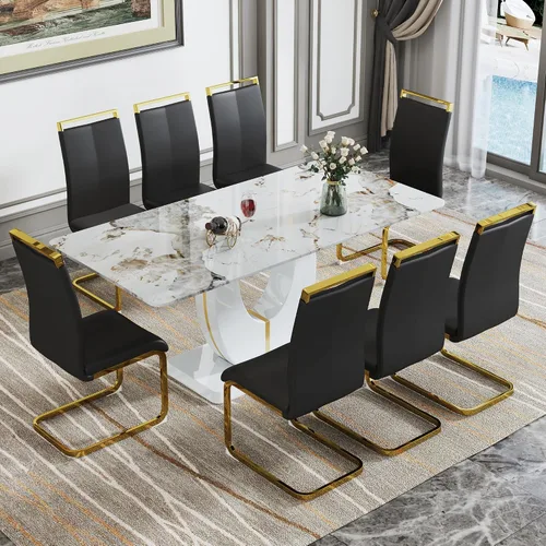 Miniatura 47 de Juego de 6 sillas de mesa de comedor para 6, juego de 6, moderno juego de comedor con mesa de comedor de mármol de 63 pulgadas, sillas tapizadas