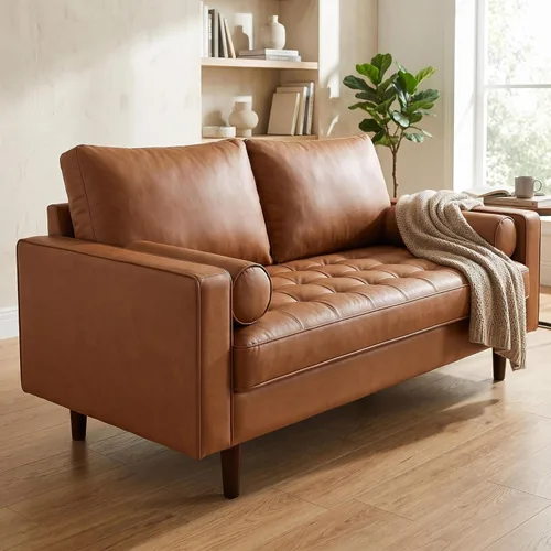 Miniatura 8 de Container Furniture Direct Womble Mid Century Modern Couch with Bolster Pillows, PU Leather Upholstered Tufted Seat, Versatile Retro Design for