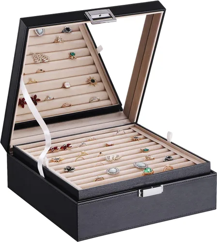 BEWISHOME Organizador de anillos y soporte para caja de aretes, 11 ranuras para anillos, 25 compartimentos para aretes, espejo grande, 2 capas,