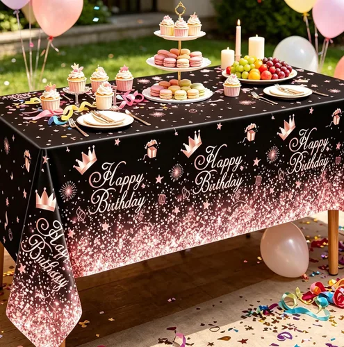 Miniatura 3 de Mantel de plástico color oro rosa negro (paquete de 4), 86 x 51 pulgadas, manteles para fiesta de cumpleaños y fiesta de boda de niñas y mujeres