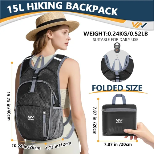 Miniatura 3 de Mochila de senderismo plegable de 15 L, ligera, plegable, impermeable, lavable a máquina, con correa para el pecho, paquete plegable pequeño
