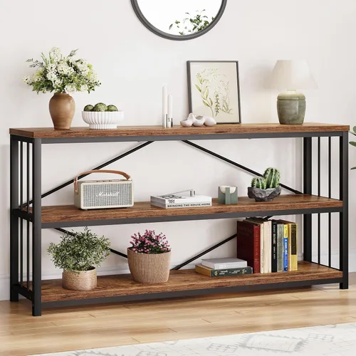 Miniatura 26 de LVB Mesa consola industrial, mesa de sofá de metal y madera, mesa de entrada rústica con almacenamiento, moderno estante de 3 niveles mesa larga