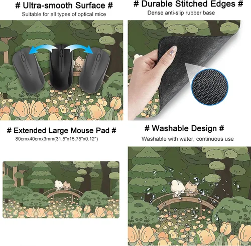 Miniatura 5 de Tapete de escritorio de bosque anime, lindo tapete de mouse verde, tapete de escritorio completo Kawaii estético XXL para juegos Mousemat XL